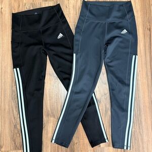 Set of 2- Adidas Womans Black and Dark Gray Leggings with White Stripes
